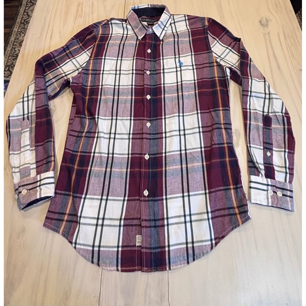 US Polo Assn Mens Small Burgundy Plaid Long Sleeve Button Down Shirt Cotton